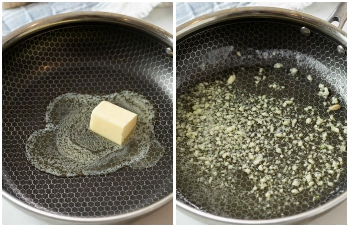 Skillets side by side showing butter being melted and minced garlic being cooked.