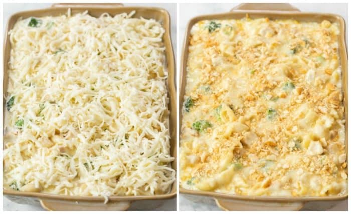 Chicken Alfredo Bake topped with cheese in a casserole dish before and after baking.