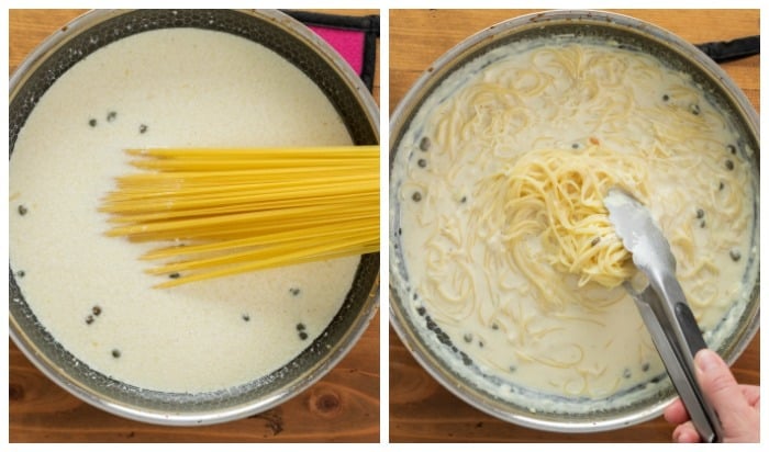 A pot of cream sauce with uncooked pasta in it next to a pot of cooked angel hair pasta.