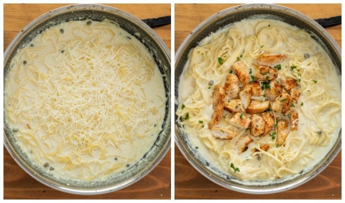 A pot of angel hair pasta in a cream sauce topped with parmesan cheese next to a pot of creamy pasta topped with grilled chicken.