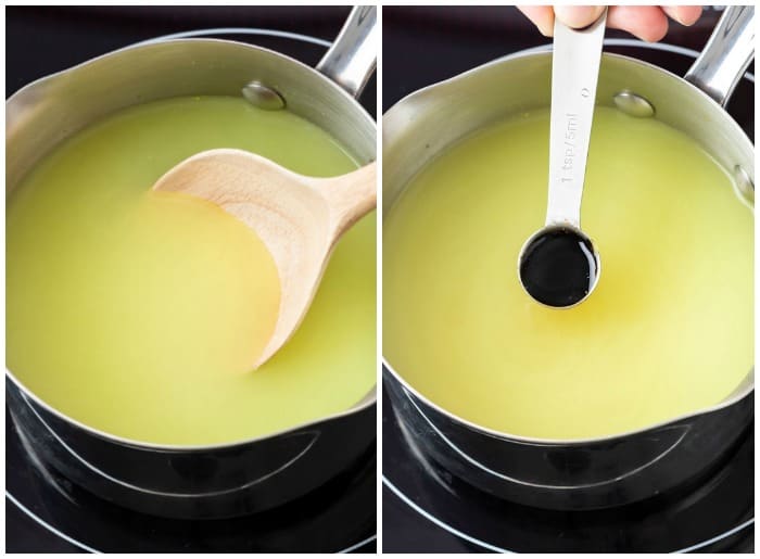 Chicken Broth in a saucepan with soy sauce being added to make Chicken Gravy.