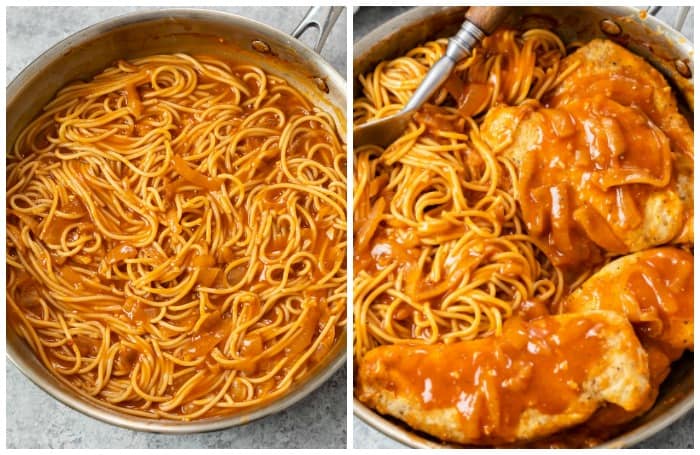 A skillet with spaghetti and chicken in a red chicken scallopini sauce.