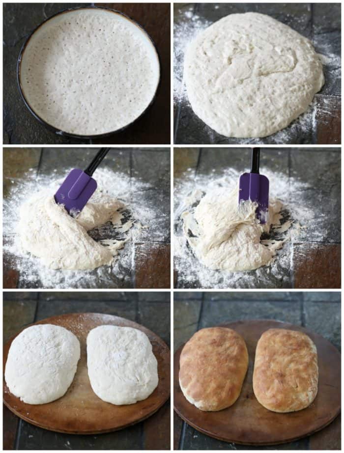 Collage of steps involved in making homemade ciabatta bread.