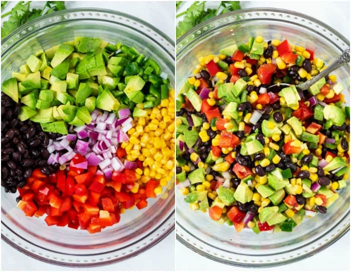 A bowl with ingredients for Cowboy Caviar before and after being mixed.