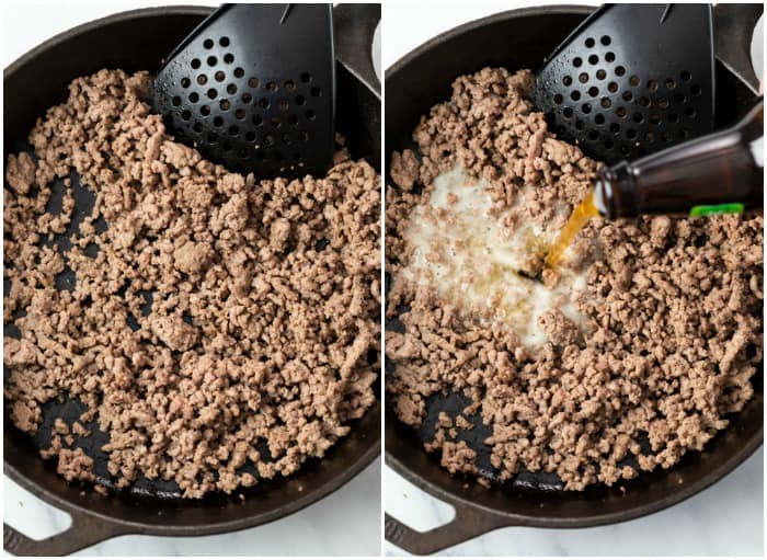 Ground Beef in a skillet with beer being added to make queso dip.