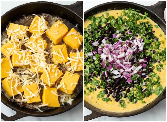 A skillet with cheese being melted and cilantro, onions, and black beans being added to make queso dip.