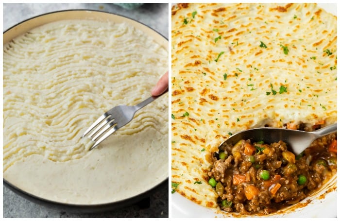 A dish with uncooked shepherds pie next to a dish of broiled sheperds pie