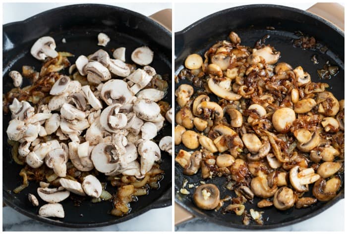 Mushrooms in a skillet before and after being cooked with onions.