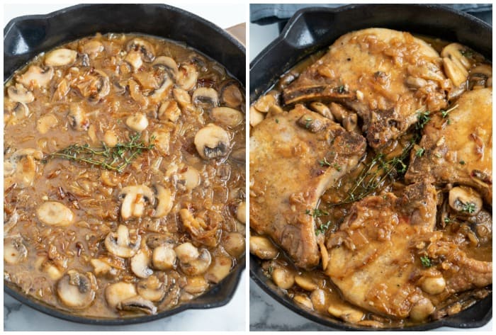 French Onion sauce in a skillet on the left, pork chops added to the sauce on the right.