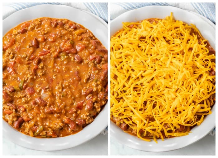 Showing how to make Frito Pie with Chili in a Skillet Topped with Cheese.