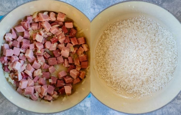 Ham in a sauce pan next to uncooked rice in a sauce pan.