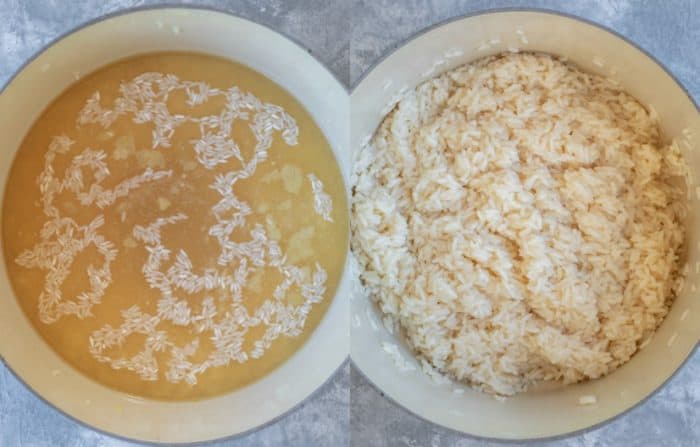 Chicken broth and uncooked rice in a sauce pan next to cooked rice in a sauce pan.