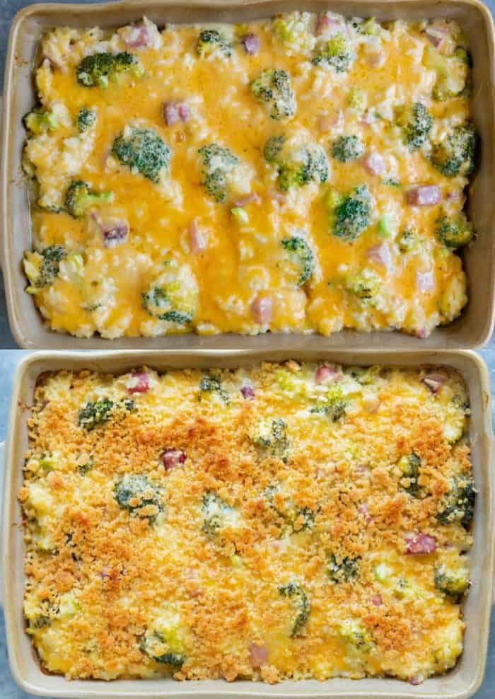 ham casserole with melted cheese on top and ham casserole with a ritz cracker crust on top.
