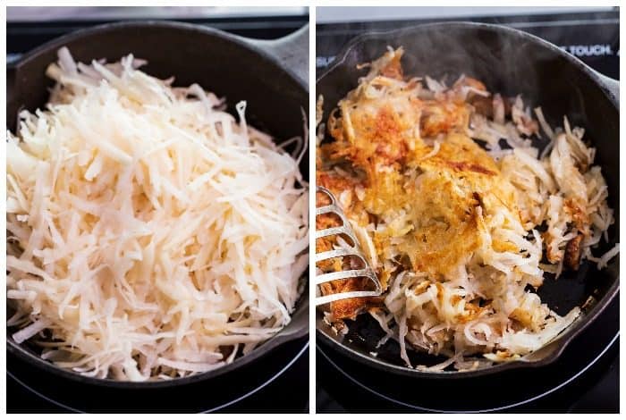 A side-by-side before and after shot of uncooked hash, and cooked hash.