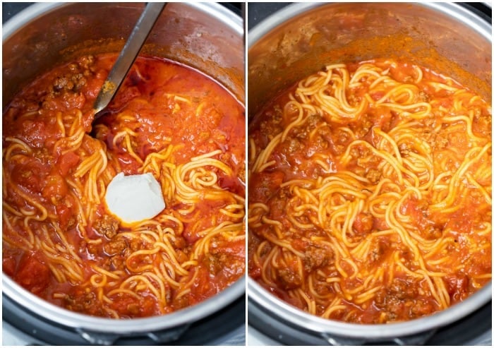 An Instant Pot filled with Spaghetti showing cream cheese being added and mixed in before serving.