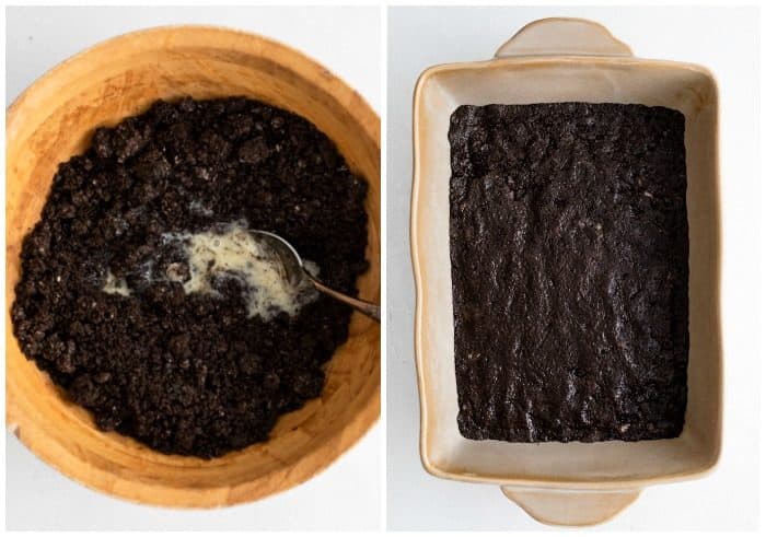 Mixing oreo crust and spreading it into a baking pan.