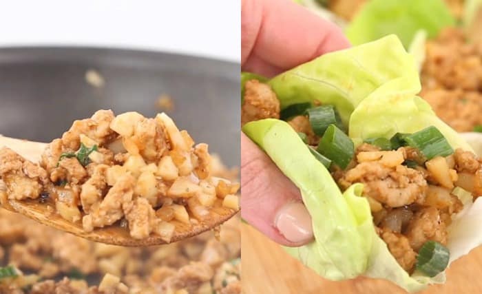 Ground chicken mixture being added to butter lettuce to make PF Changs Chicken Lettuce Wraps