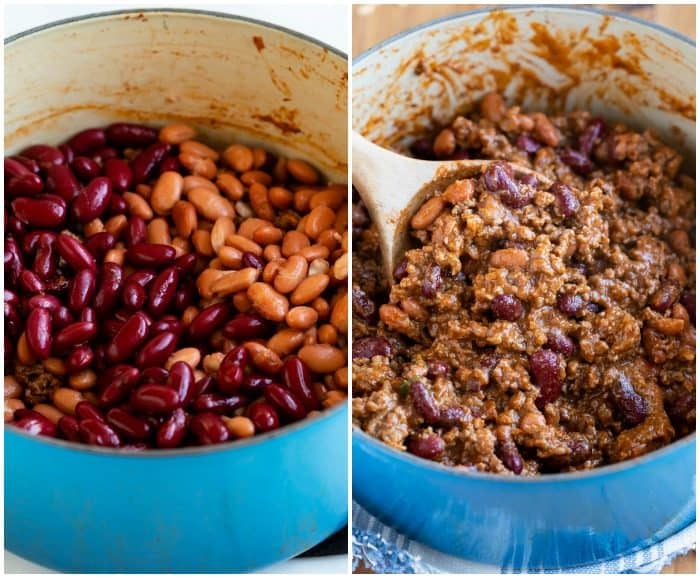 Pinto beans in a soup pot before and after bring mixed into a pot of chili.