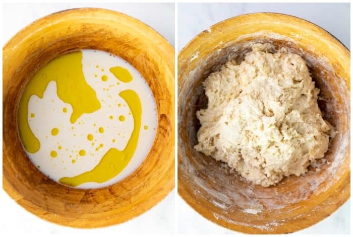 Pizza dough before and after adding flour in wooden bowl.