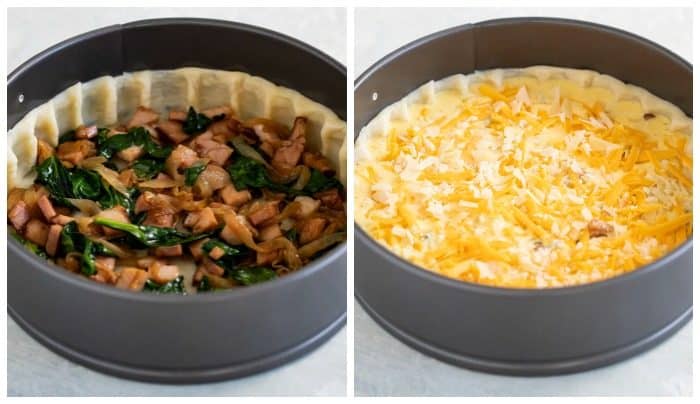 side by side images of a springform pan with quiche toppings