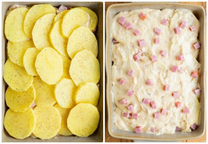 Side by side pictures of potatoes in a casserole dish then topped with cheese sauce and ham
