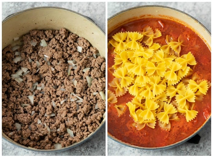 Ground Beef in a pot with sauce and pasta added showing how to make sloppy joe casserole