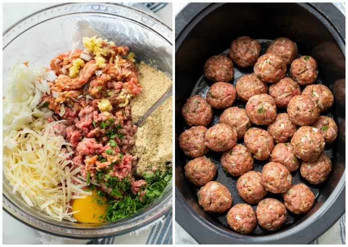 Meatball ingredients in a glass bowl before being mixed next to a crock pot with uncooked meatballs.