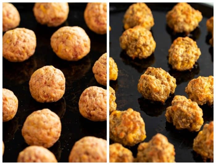 Side by side image of uncooked sausage bites and cooked sausage bites.