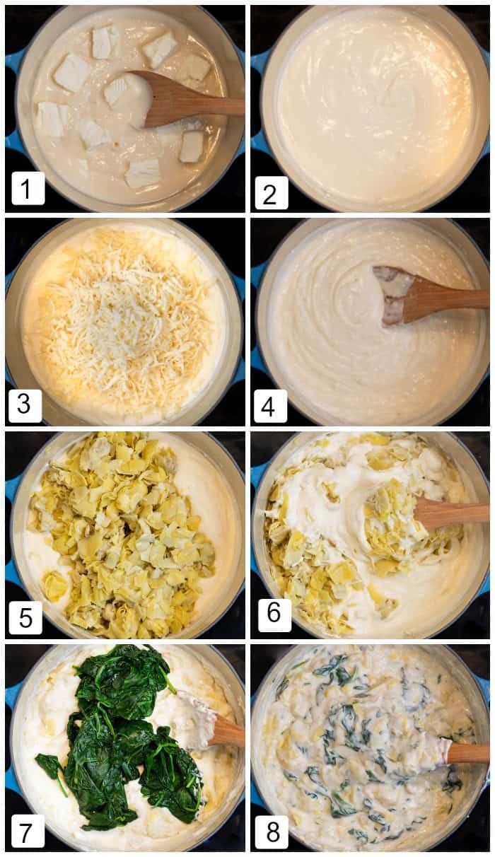 Step by step images on how to make spinach and artichoke dip