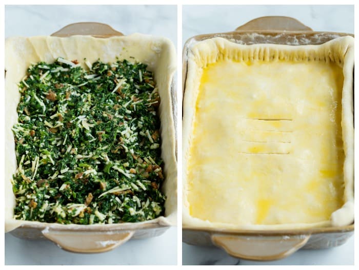 A casserole dish filled with spinach pie filling and topped with puff pastry dough.