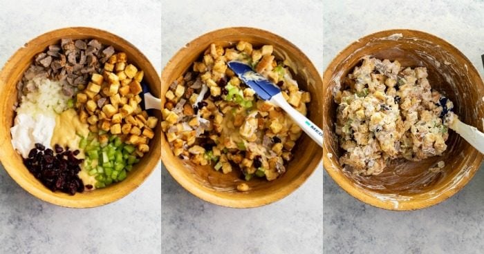 3 overhead images of mixing stuffing in a large bowl before cooking it