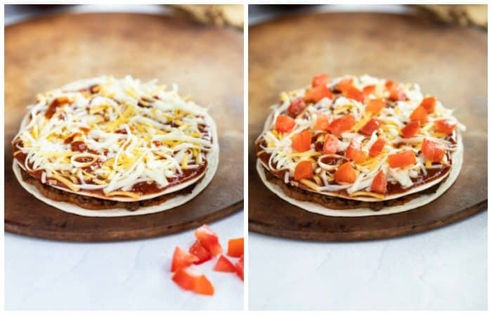 taco bell mexican pizza topped with cheese and toppings before being baked