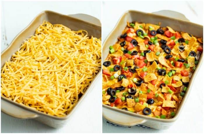 Side by side of casserole dish with cheese and then topped with taco casserole toppings.