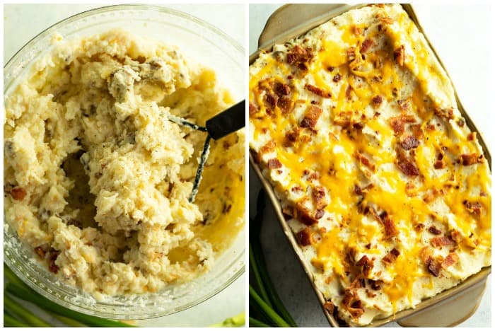 A bowl of mashed potatoes next to a casserole dish filled with twice baked potato casserole.