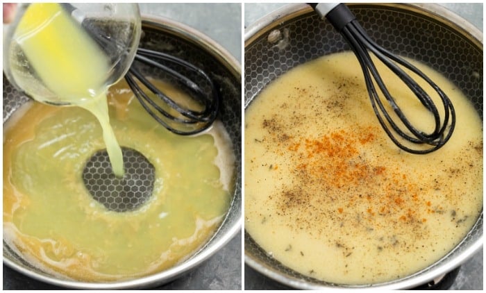 Chicken broth and seasonings being added to a pan for making gravy for chicken fried steak.