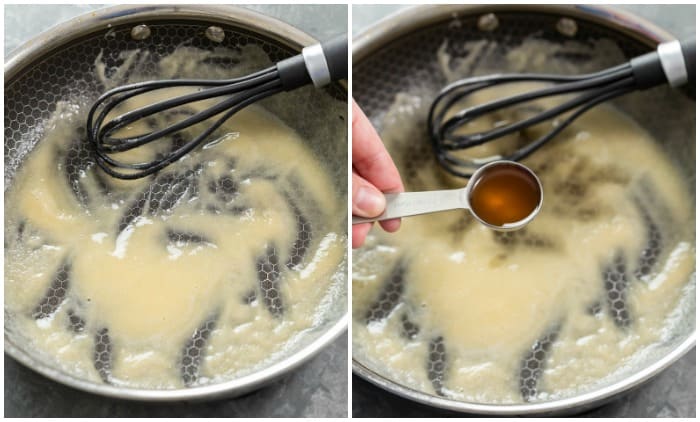 A pan with a butter and flour roux for making white gravy for chicken fried steak.