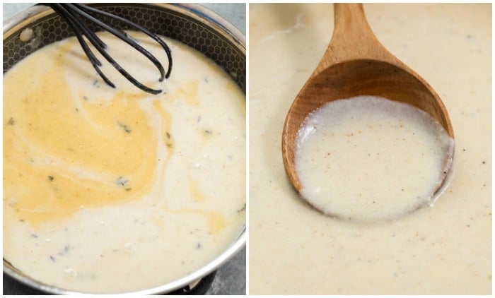 Adding cream to pan for making white gravy next to a wooden spoon with thick white gravy.