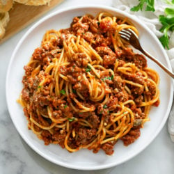 Spaghetti and meat sauce on a white plate with a fork and fresh parsley on top.