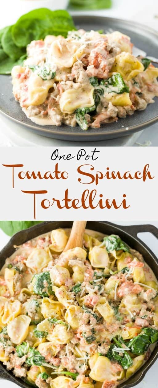 Savory, cheese-filled tortellini in a simple cream sauce with tomatoes, spinach, and sausage! All easily prepared in a single pot! | The Cozy Cook | #pasta #tortellini #italian #maindish #familymeals #comfortfood #creamsauce #onepot #spinach