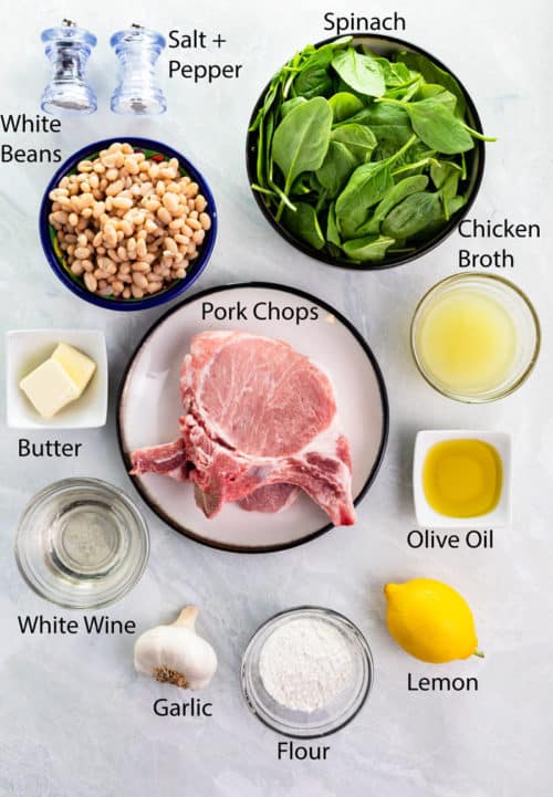 Overhead shot of ingredients needed for pan fried pork chops in white wine sauce