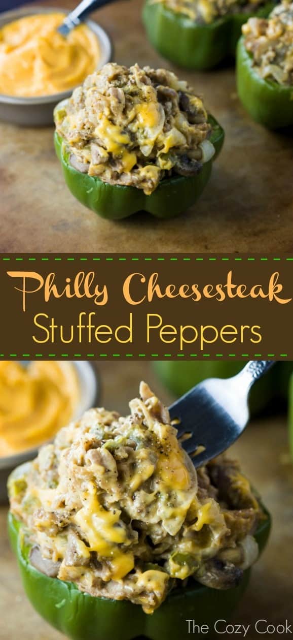 These Philly Cheesesteak Stuffed Peppers are loaded with onions, mushrooms, and thinly shaved steak smothered in warm cheese and tucked inside of a baked bell pepper. | The Cozy Cook | #Cheesesteak #PhillyCheesesteak #StuffedPeppers #LowCarb #Keto #Dinner #Main #ComfortFood
