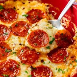 Pizza Dip in a Red Pie Plate.