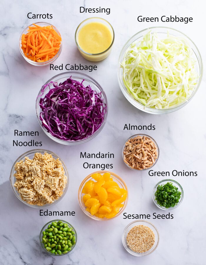 Labeled Ingredients for Ramen Noodle Salad on a white surface.