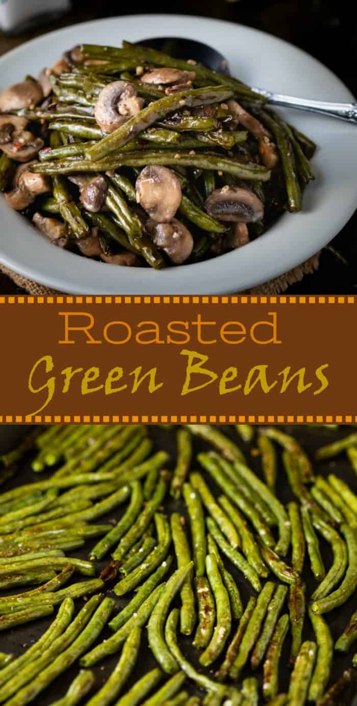These Roasted Green Beans are tossed in olive oil, sprinkled with sea salt and freshly cracked pepper, and topped with an easy mushroom garlic butter sauce! | The Cozy Cook | #greenbeans #roasted #sidedish #vegetables #mushrooms #stringbeans