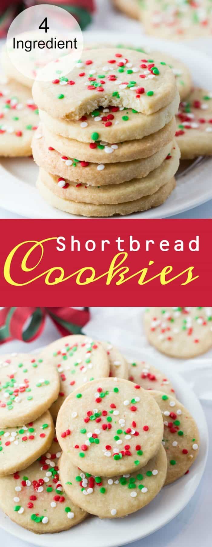 These soft, sweet, and buttery shortbread cookies only require 4 ingredients to make and are a classic holiday treat. #christmascookies #cookie #christmas #dessert #shortbread #holidays #sprinkles