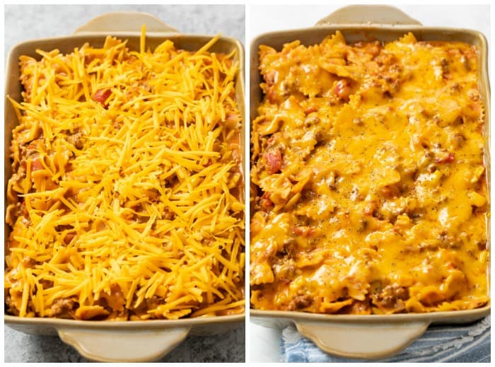 Sloppy Joe Casserole with cheese on top before and after being baked.