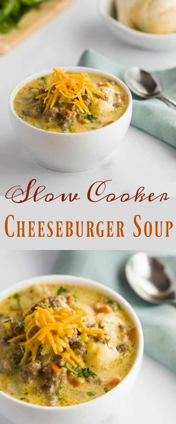 Tender ground beef and vegetables in a thick and creamy cheesy soup, the definition of comfort in a bowl and perfect for cold weather. #soup #cheeseburgersoup #cheese #crockpot #slowcooker #comfortfood