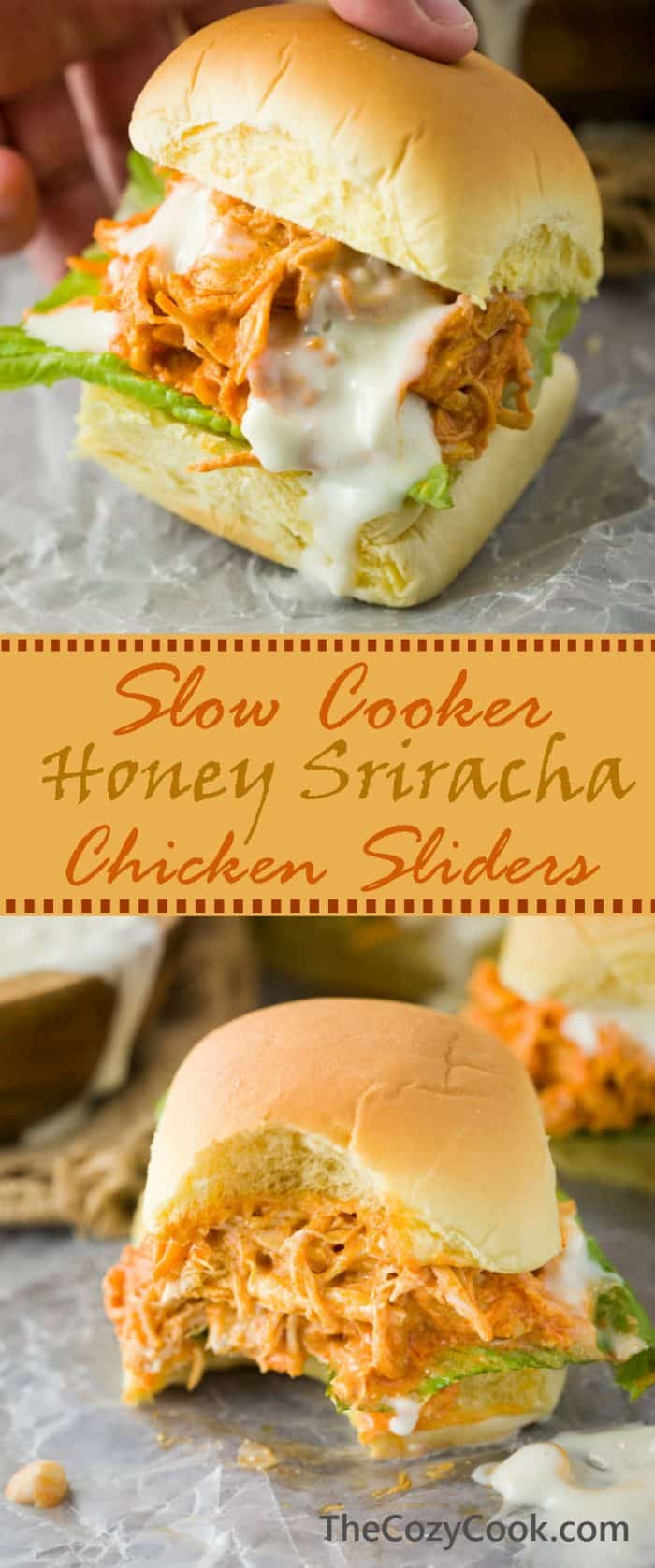 These slow cooker honey sriracha chicken sliders feature tender, slow cooked shredded chicken smothered in a sweet and tangy honey sriracha sauce, placed in a fresh slider roll and drizzled with savory blue cheese. | The Cozy Cook | #Sriracha #Chicken #Sliders #HoneySriracha #Sandwiches #SlowCooker #CrockPot #BlueCheese #BuffaloSauce