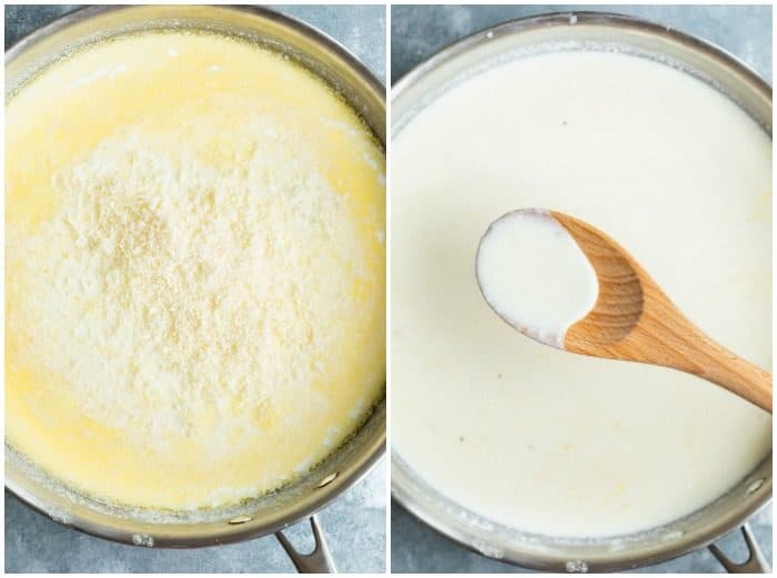 Final steps in making Alfredo sauce by adding cheese to a pot and stirring it into the sauce