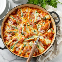 A round pot filled with cheesy stuffed shells.